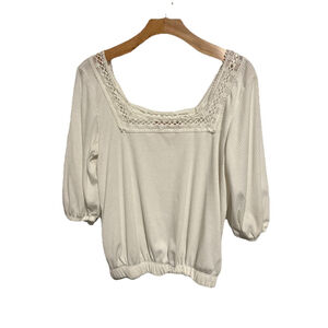 Willow + Root Peasant Top Blouse Womans L 3/4 Puff Sleeve Square Neck Lace Rib